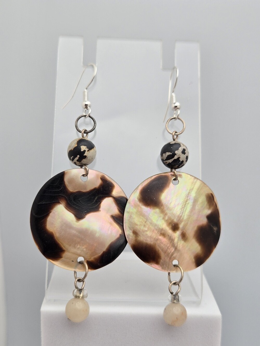 Leopard Print Shell Dangle Earrings Sterling Silver Hooks 3" Handmade